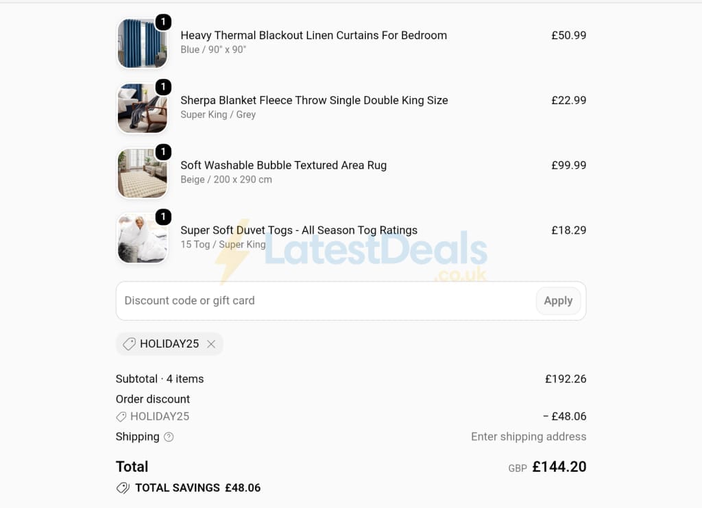 Screenshot of the Yorkshire Bedding discount code working