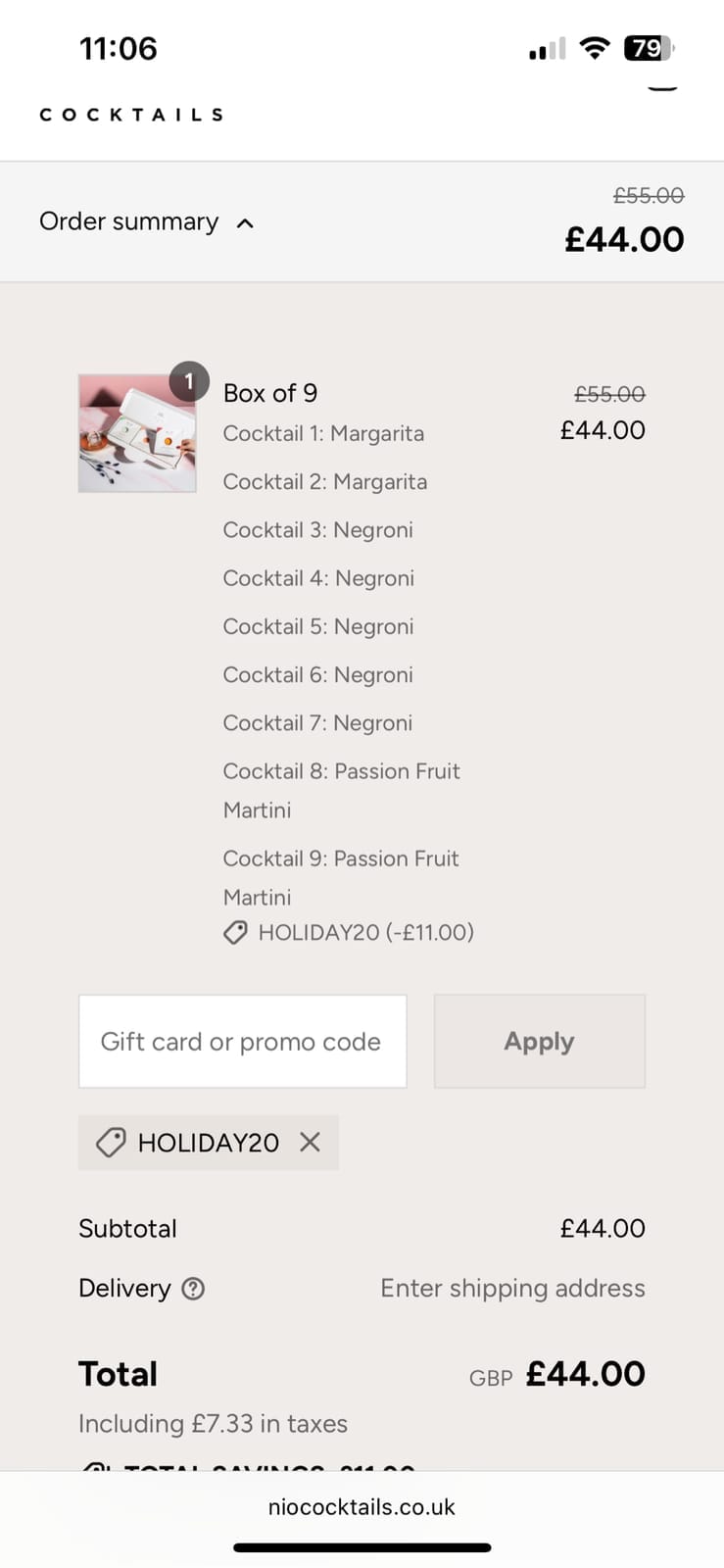 Screenshot of the Nio Cocktails discount code working