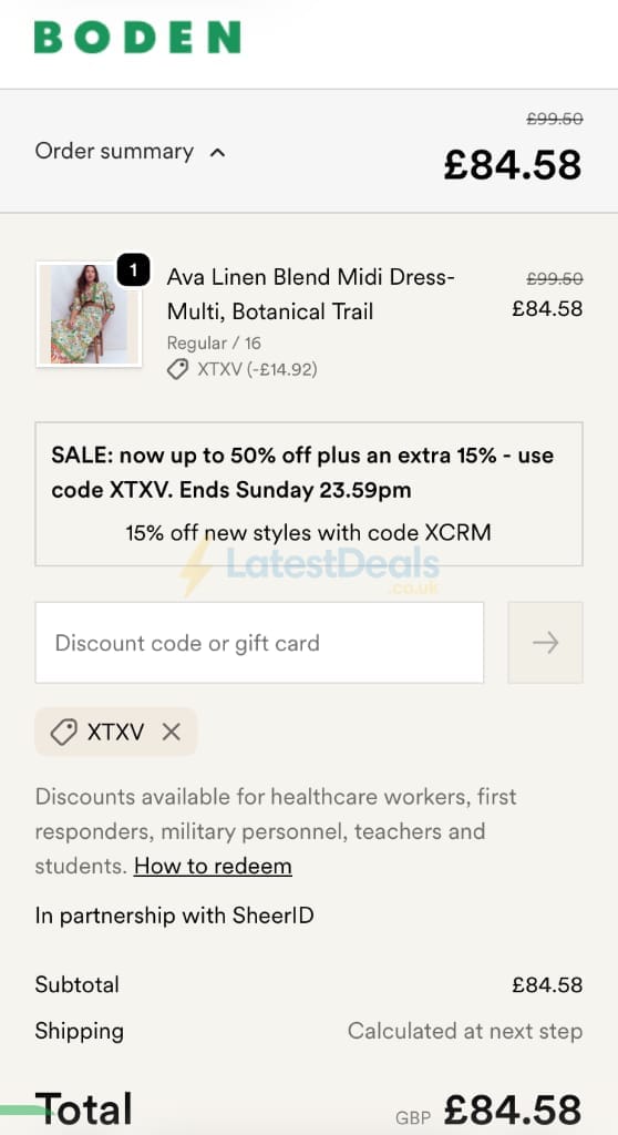 Screenshot of the BODEN discount code working