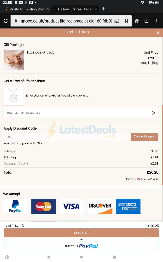 Screenshot of the Gnoce discount code working