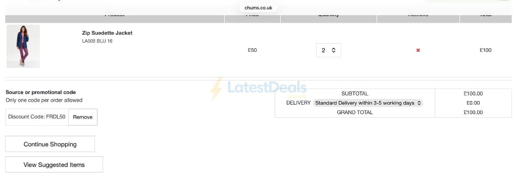 Screenshot of the Chums discount code working