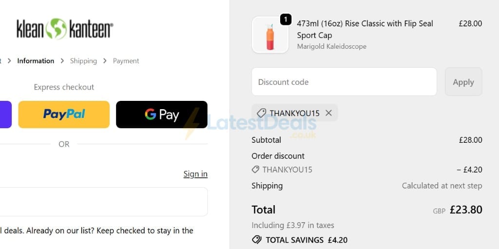 Screenshot of the Klean Kanteen discount code working