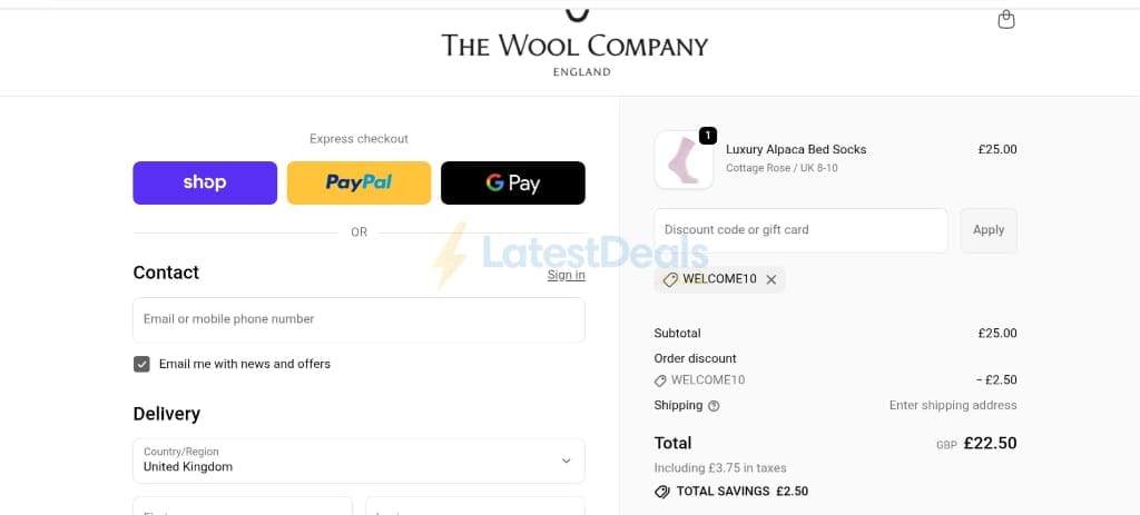 Screenshot of the The Wool Company discount code working