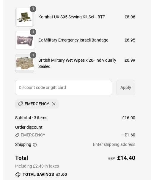 Screenshot of the Preppers Shop discount code working