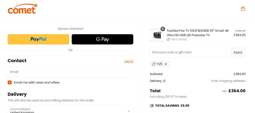 Screenshot of the Comet discount code working