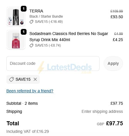 Screenshot of the SodaStream discount code working
