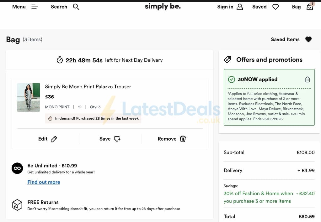 Screenshot of the Simply Be discount code working