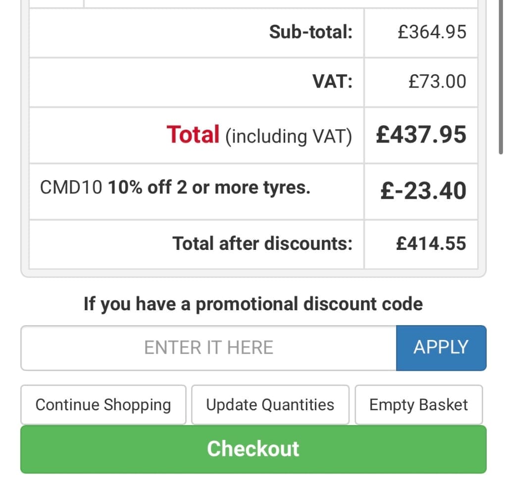 Screenshot of the National Tyres and Autocare discount code working