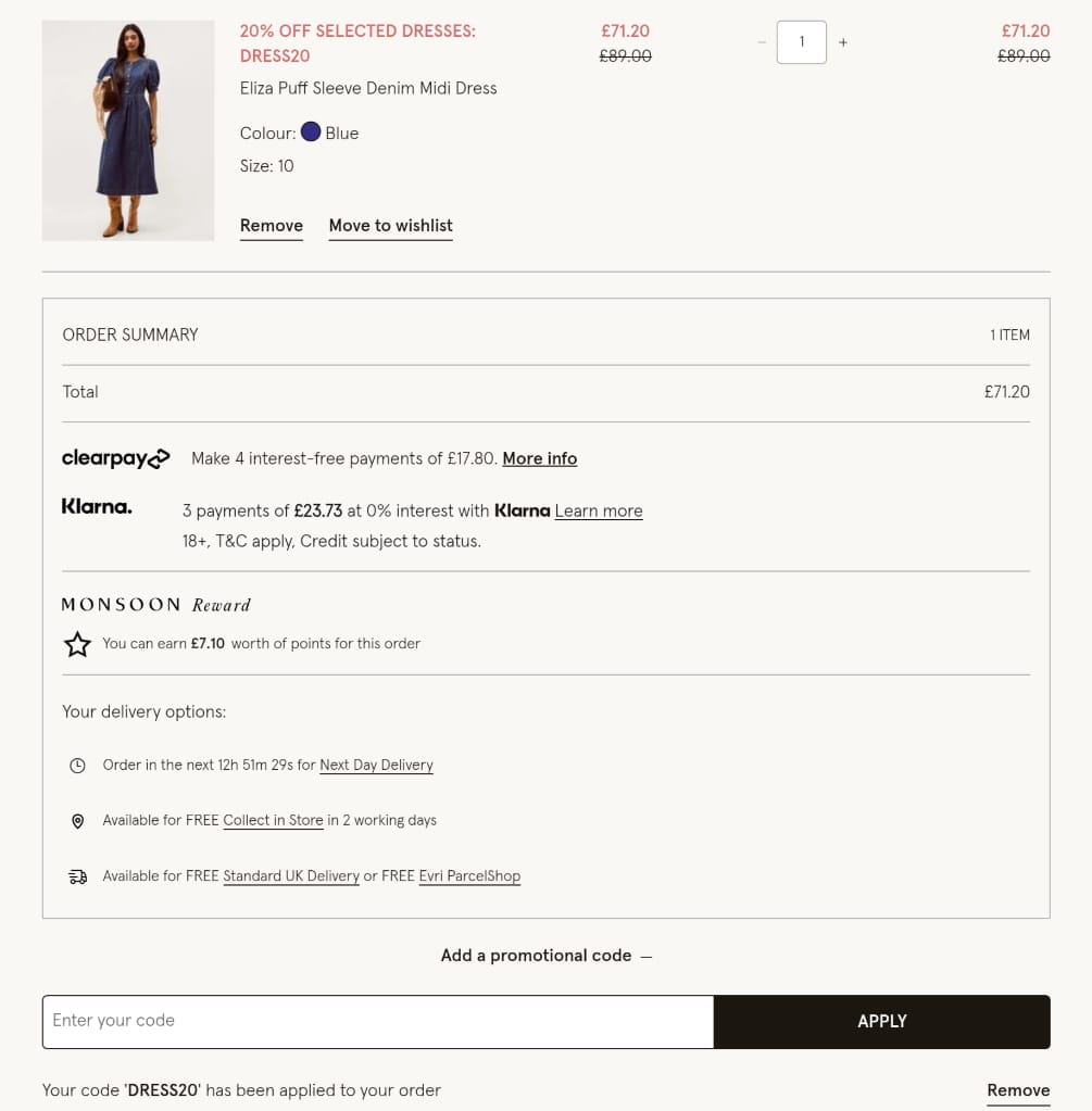 Screenshot of the Monsoon discount code working
