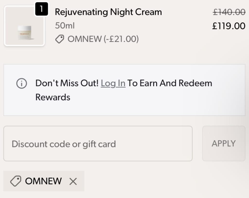Screenshot of the Omorovicza discount code working