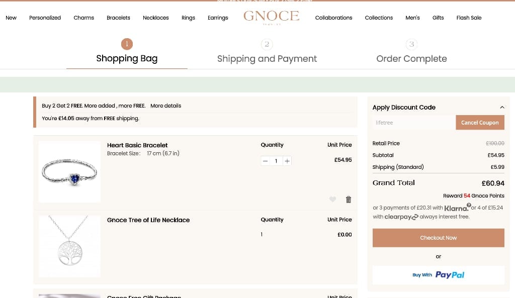 Screenshot of the Gnoce discount code working