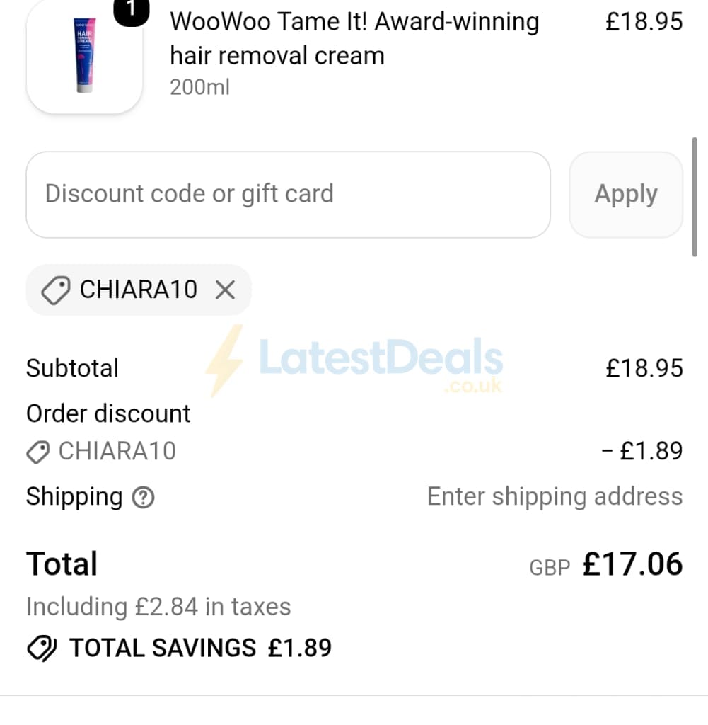 Screenshot of the WooWoo discount code working