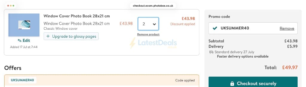 Screenshot of the Photobox discount code working