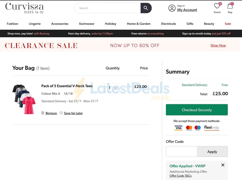 Screenshot of the Curvissa discount code working
