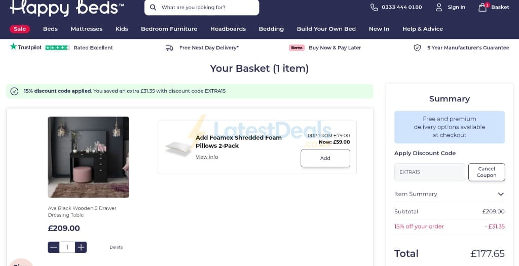 Screenshot of the Happy Beds discount code working