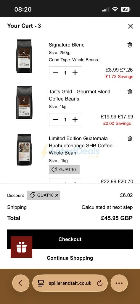 Screenshot of the Spiller & Tait discount code working