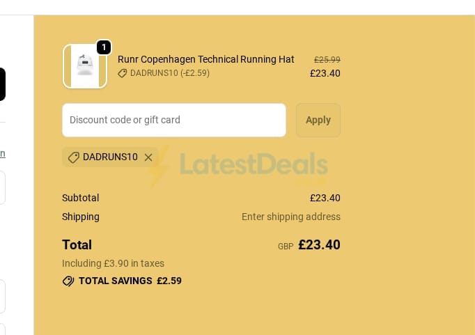 Screenshot of the Runr discount code working