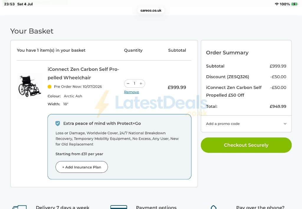 Screenshot of the CareCo discount code working