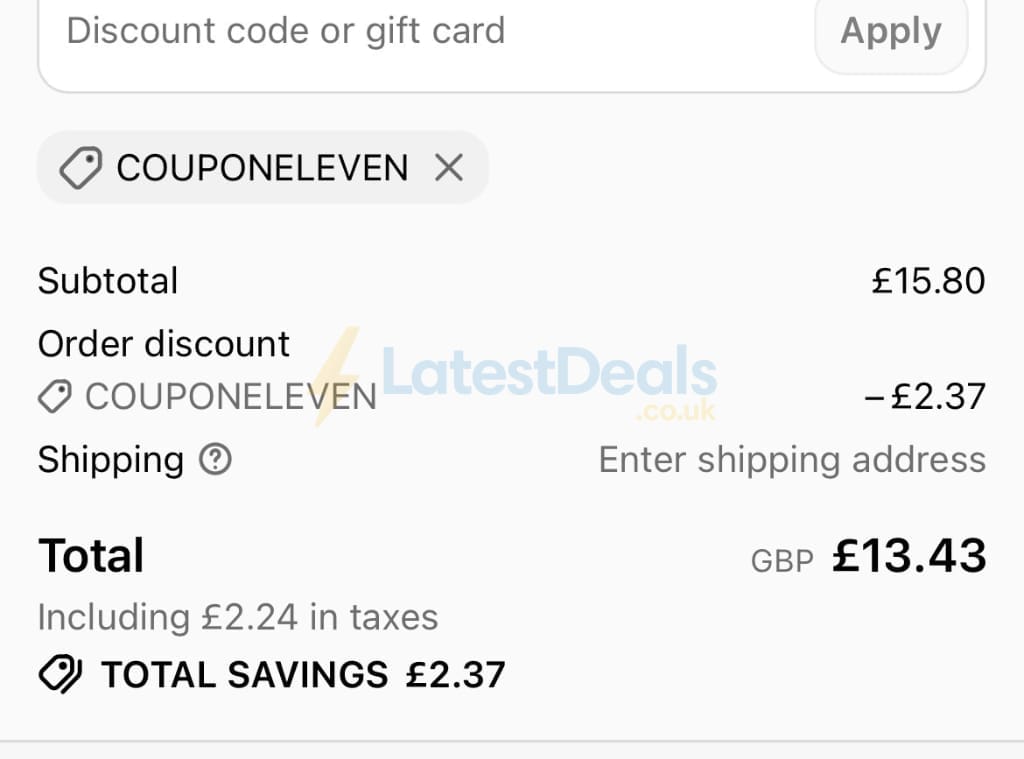 Screenshot of the British Souvenirs discount code working