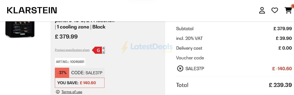 Screenshot of the Klarstein discount code working