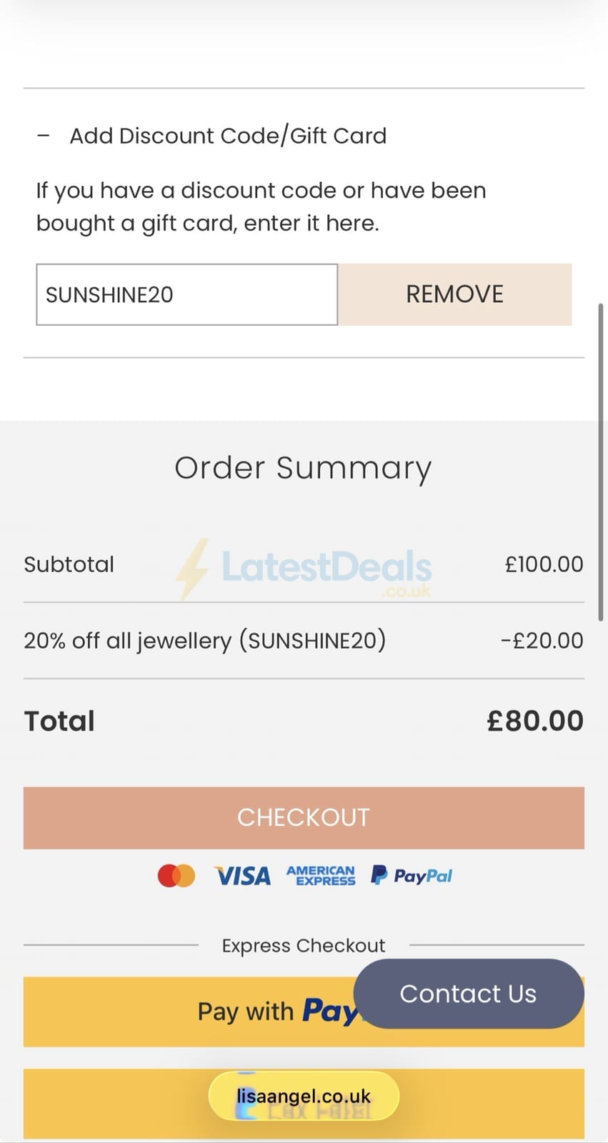 Screenshot of the Lisa Angel discount code working