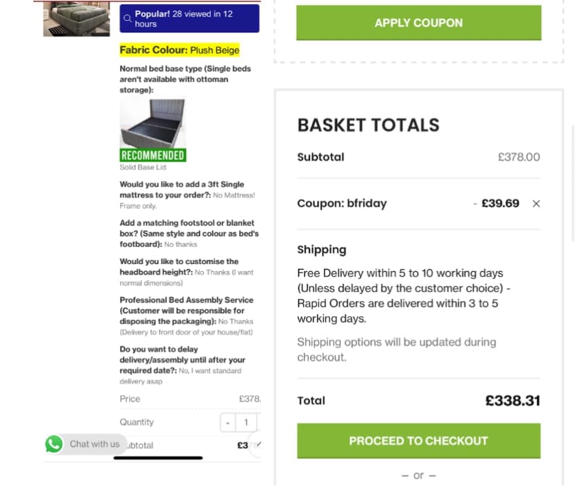 Screenshot of the PSCL Beds discount code working