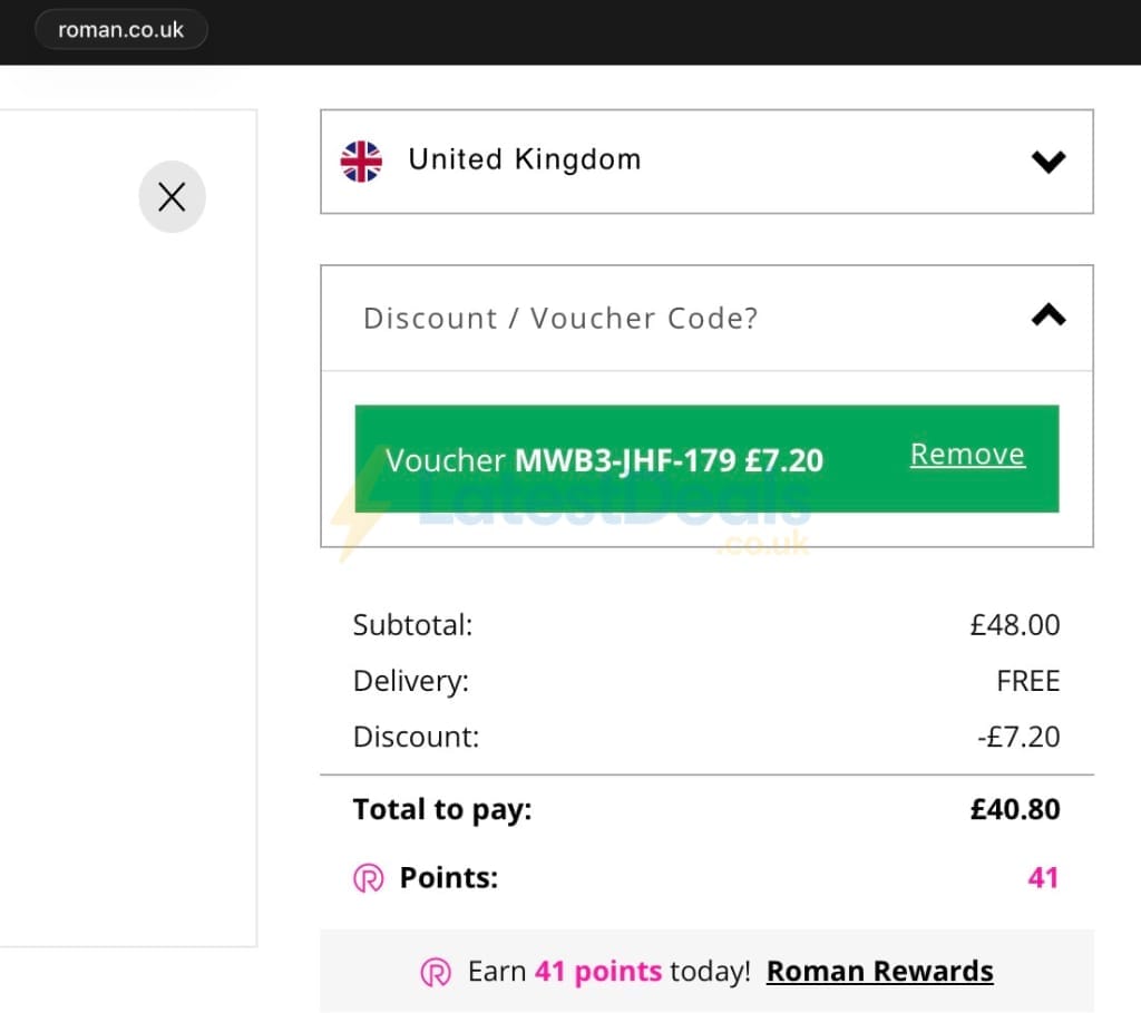 Screenshot of the Roman discount code working