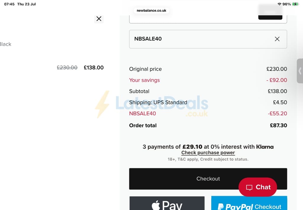 Screenshot of the New Balance discount code working