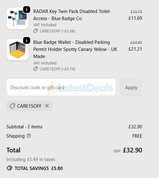 Screenshot of the Blue Badge Co discount code working