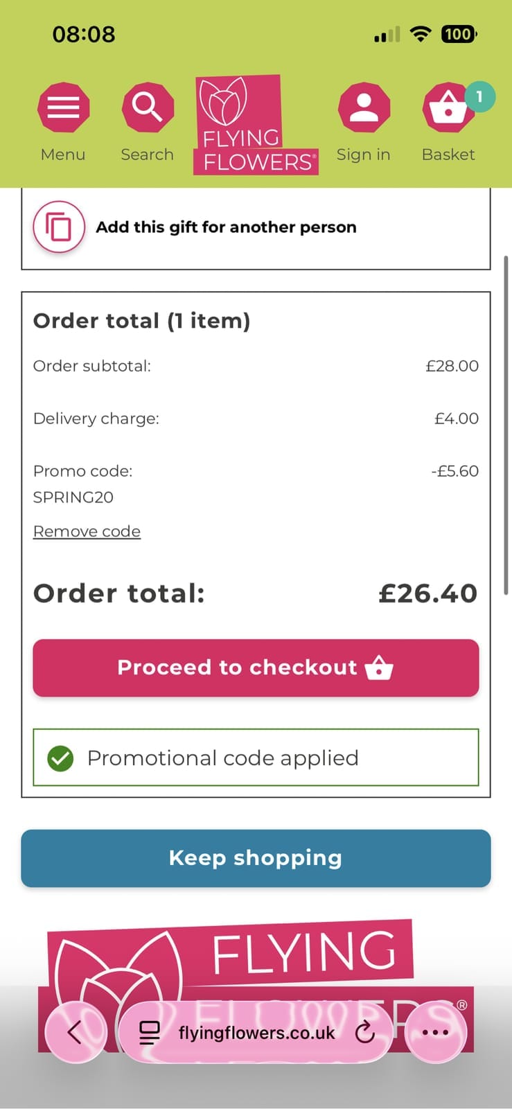 Screenshot of the Flying Flowers discount code working