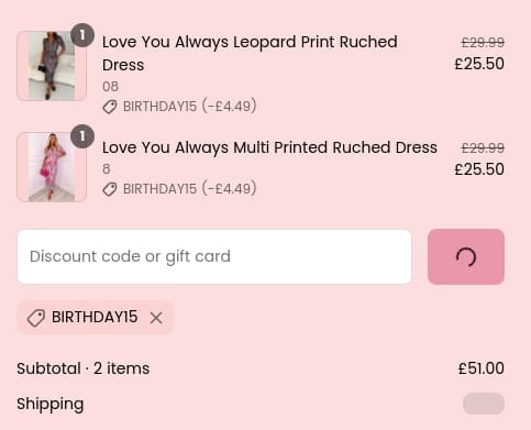 Screenshot of the Pink Boutique discount code working