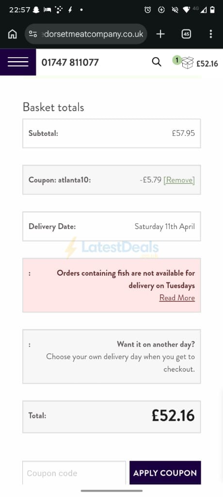Screenshot of the The Dorset Meat Company discount code working