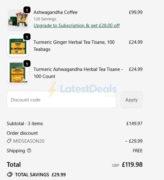Screenshot of the Vahdam Teas discount code working
