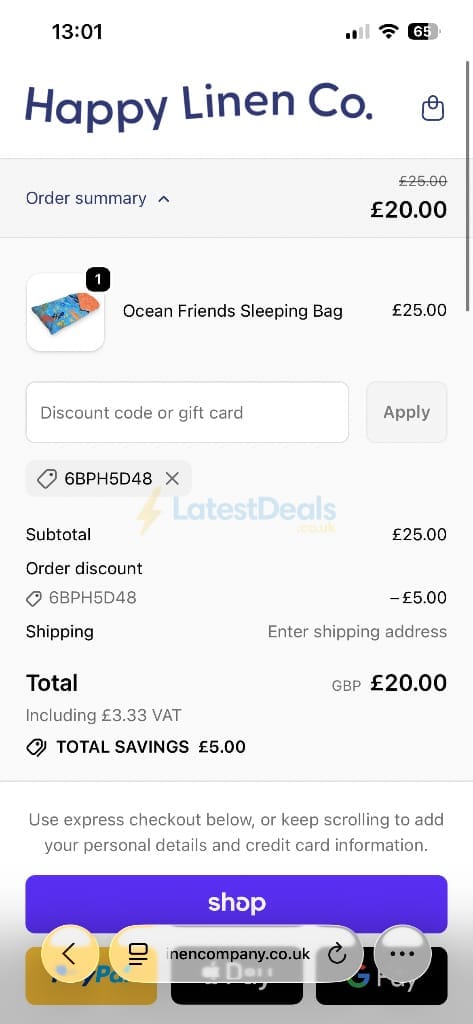 Screenshot of the Happy Linen Company discount code working