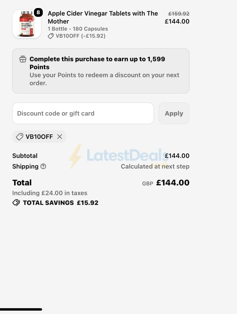 Screenshot of the Vitabright discount code working