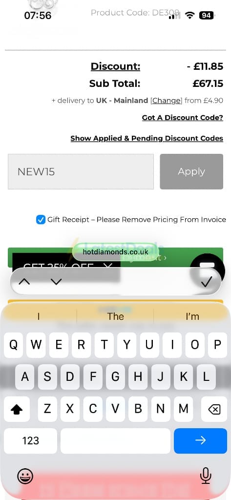 Screenshot of the Hot Diamonds discount code working