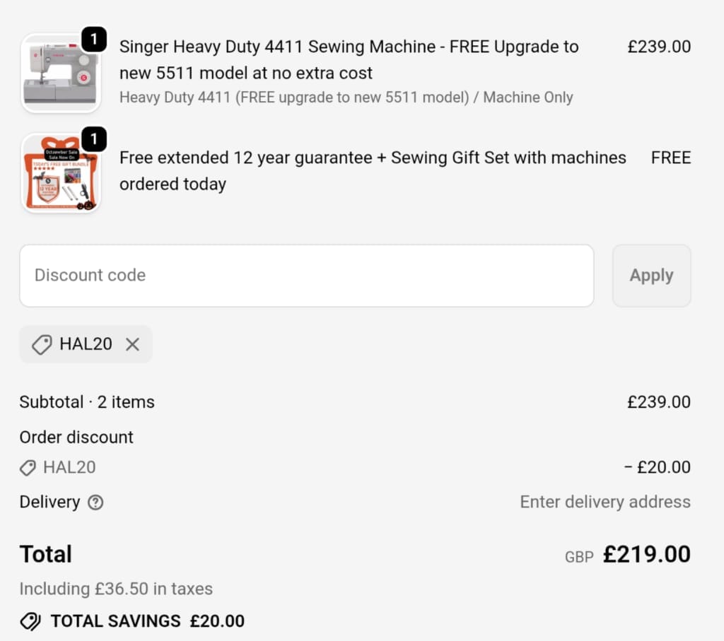 Screenshot of the Singer Sewing Outlet discount code working