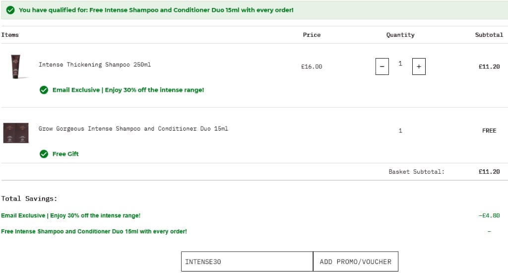 Screenshot of the Grow Gorgeous discount code working