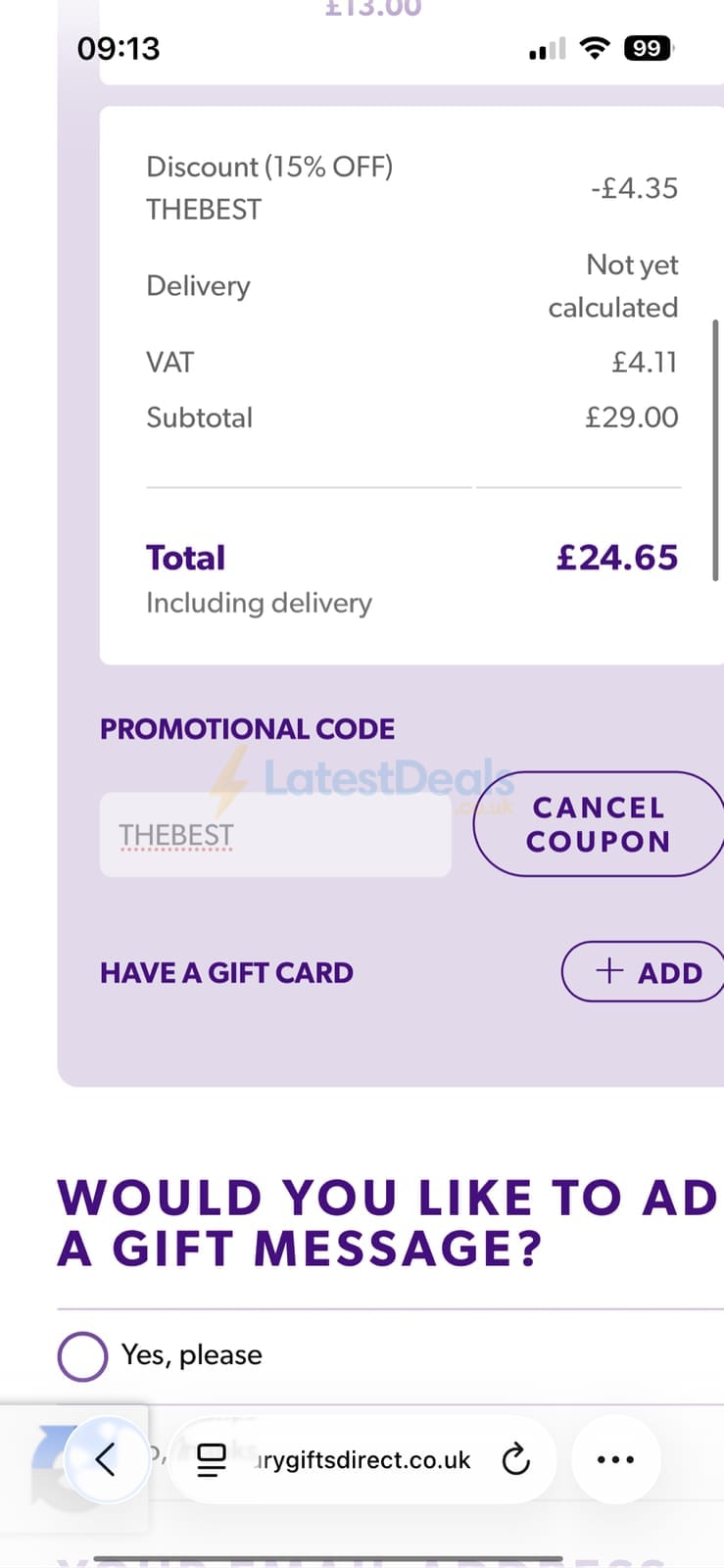 Screenshot of the Cadbury Gifts Direct discount code working