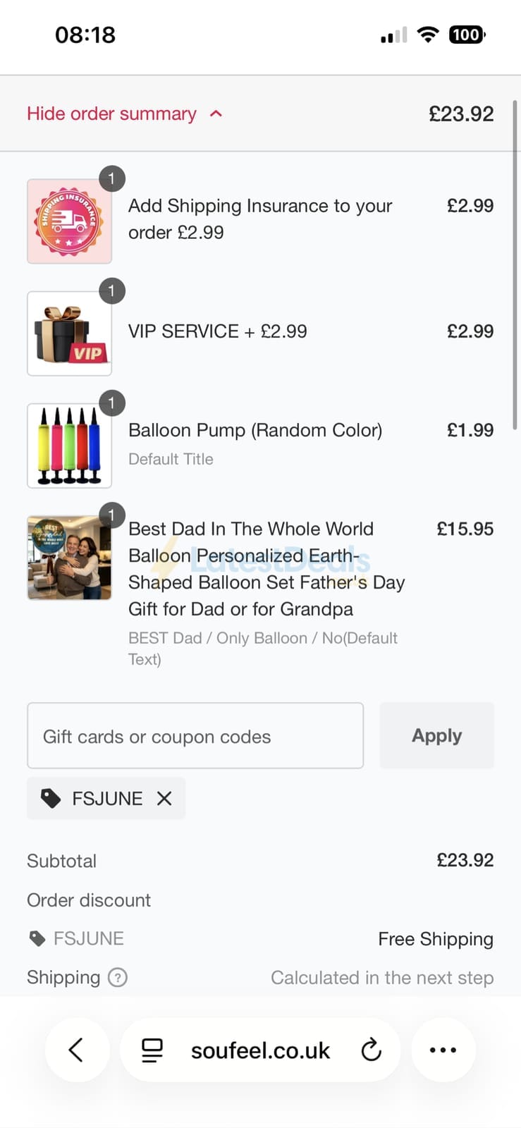 Screenshot of the Soufeel discount code working
