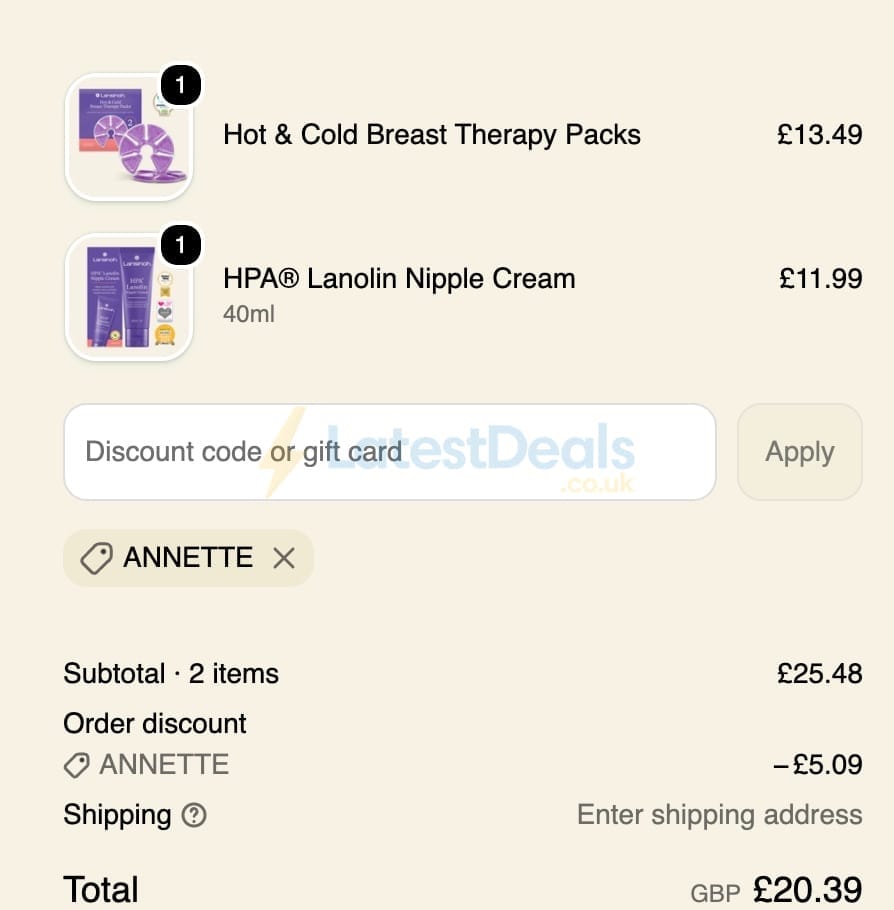 Screenshot of the Lansinoh UK discount code working