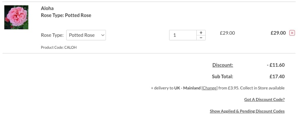 Screenshot of the Peter Beales Roses discount code working