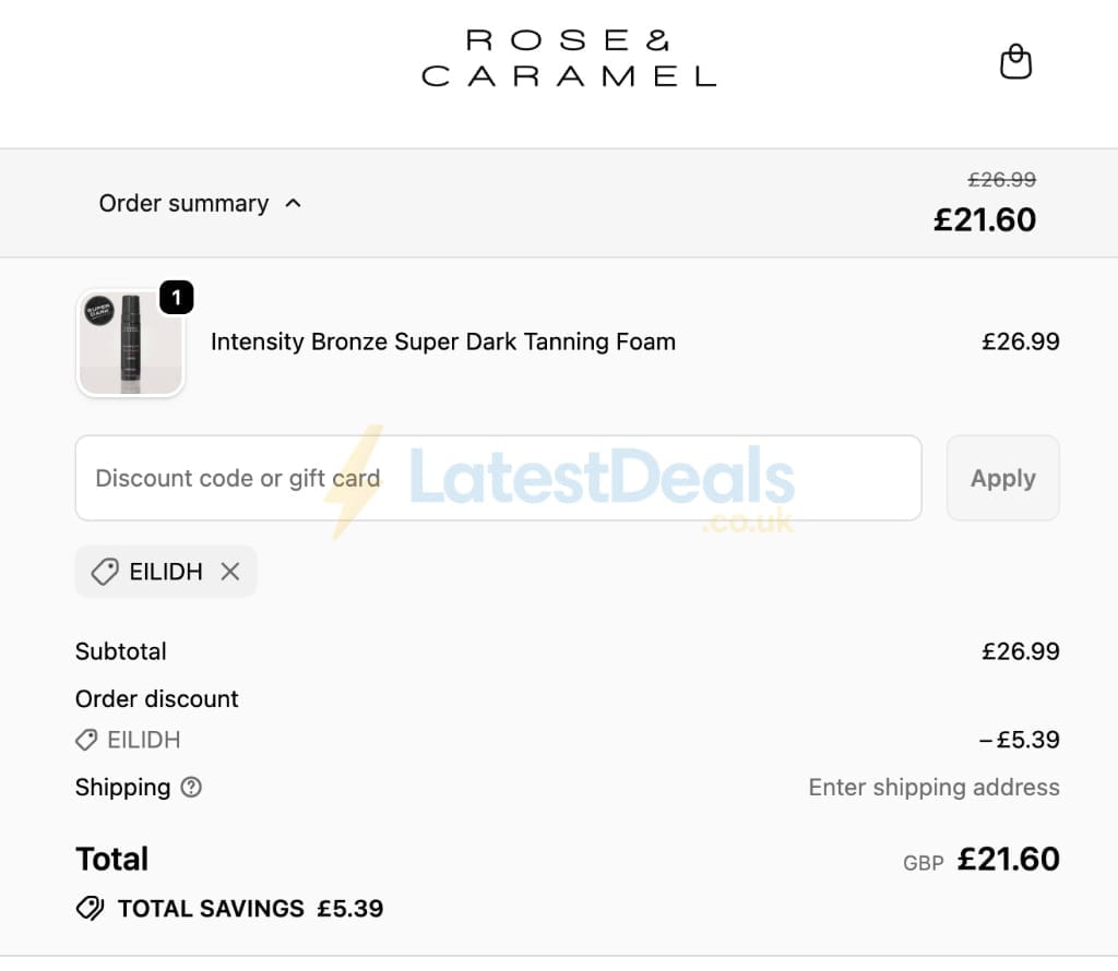 Screenshot of the Rose and Caramel discount code working