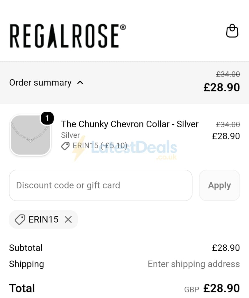 Screenshot of the REGALROSE discount code working