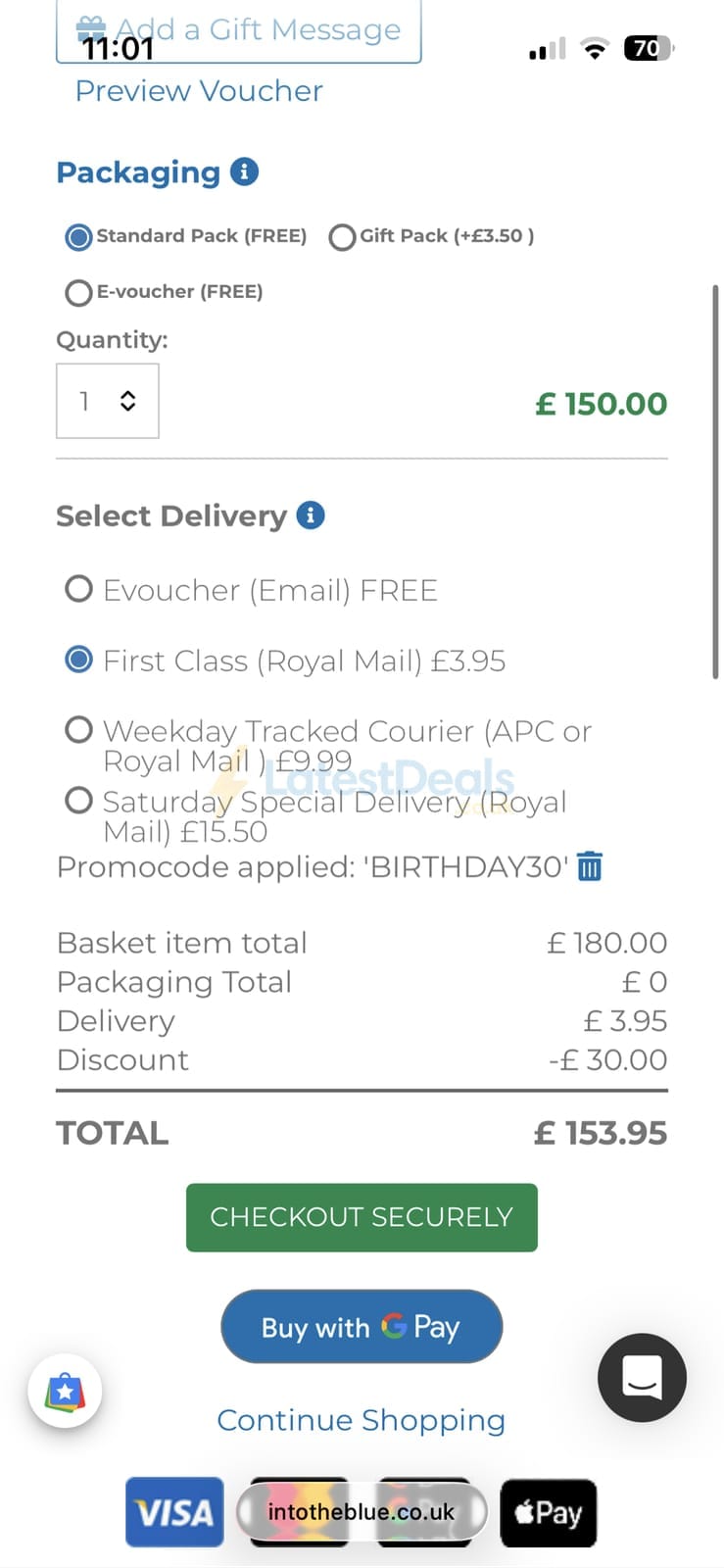 Screenshot of the Into The Blue discount code working
