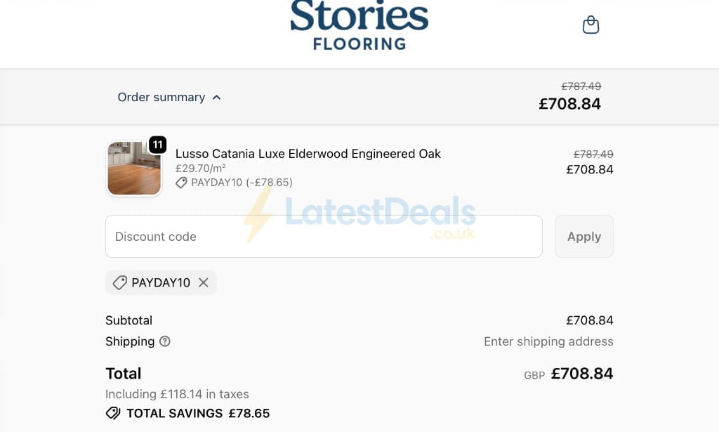 Screenshot of the Stories Flooring discount code working