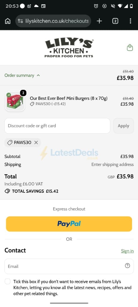 Screenshot of the Lily's Kitchen discount code working