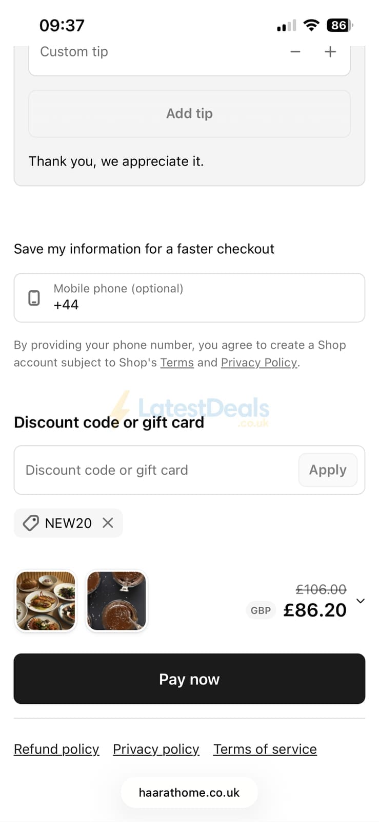Screenshot of the Haar at Home discount code working