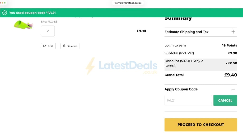 Screenshot of the Ivel Valley Bird Food discount code working