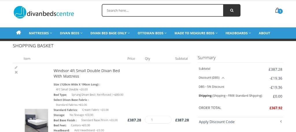 Screenshot of the Divan Beds Centre discount code working